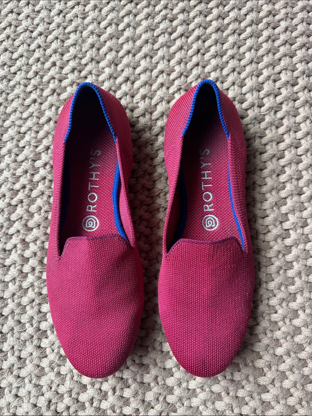 Rothy’s The Loafer Red Magenta Blue Halo Trim Slip On Flats Women’s Size 8